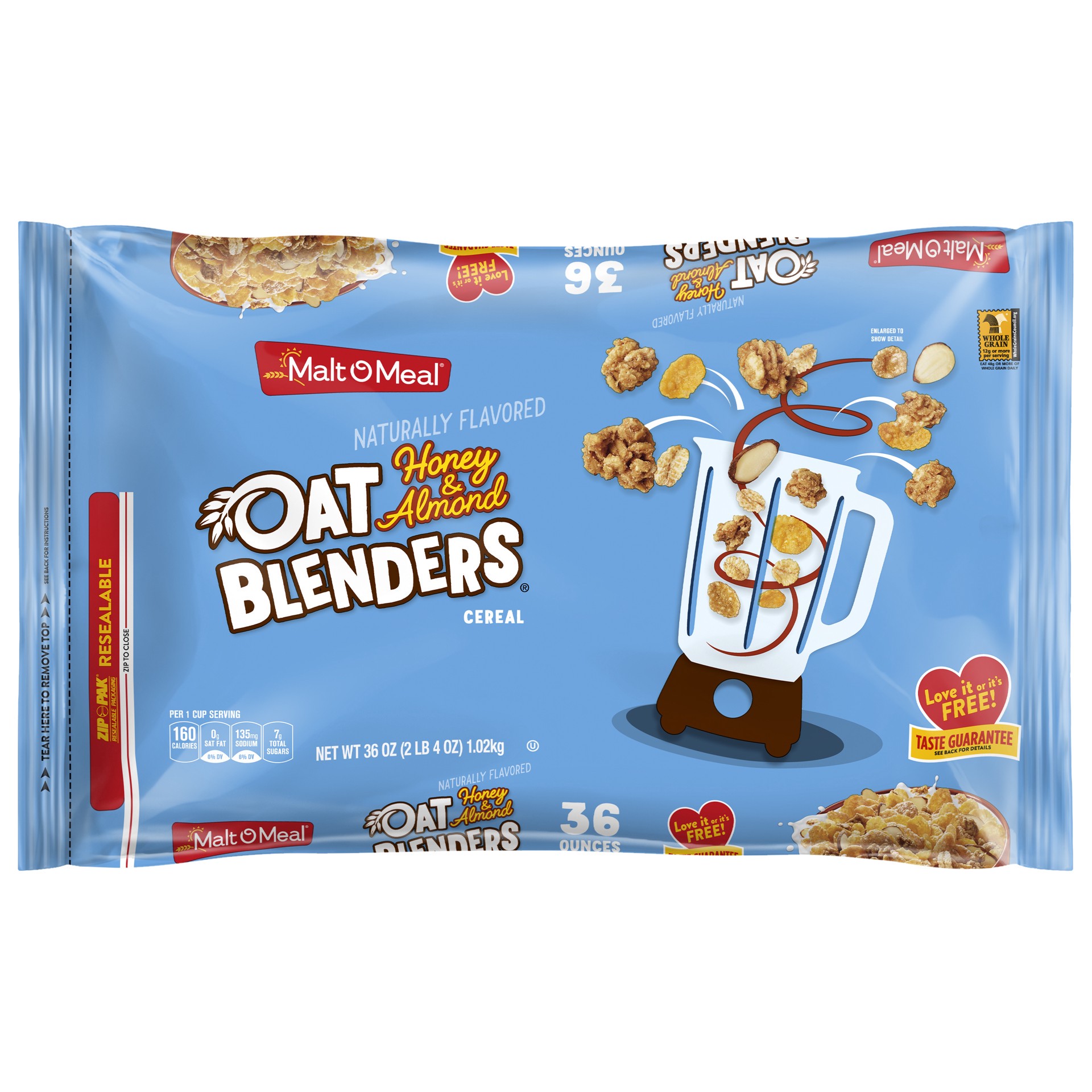 slide 1 of 7, Malt-O-Meal Oat Blenders Honey Cereal with Sliced Almonds, Honey Oats Breakfast Cereal, 36 OZ Bag, 36 oz