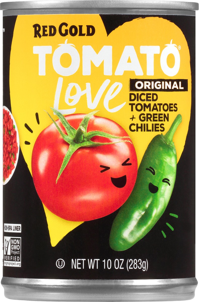 slide 1 of 9, Red Gold Tomato Love Original Diced Tomatoes & Green Chilis, 10 oz