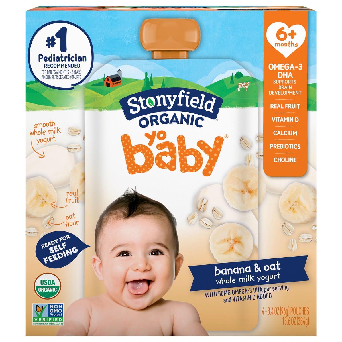 slide 1 of 7, Stonyfield Organic Yo Baby Whole Milk Organic Banana & Oat Yogurt 4 - 3.4 oz Pouch, 4 ct; 3.4 oz