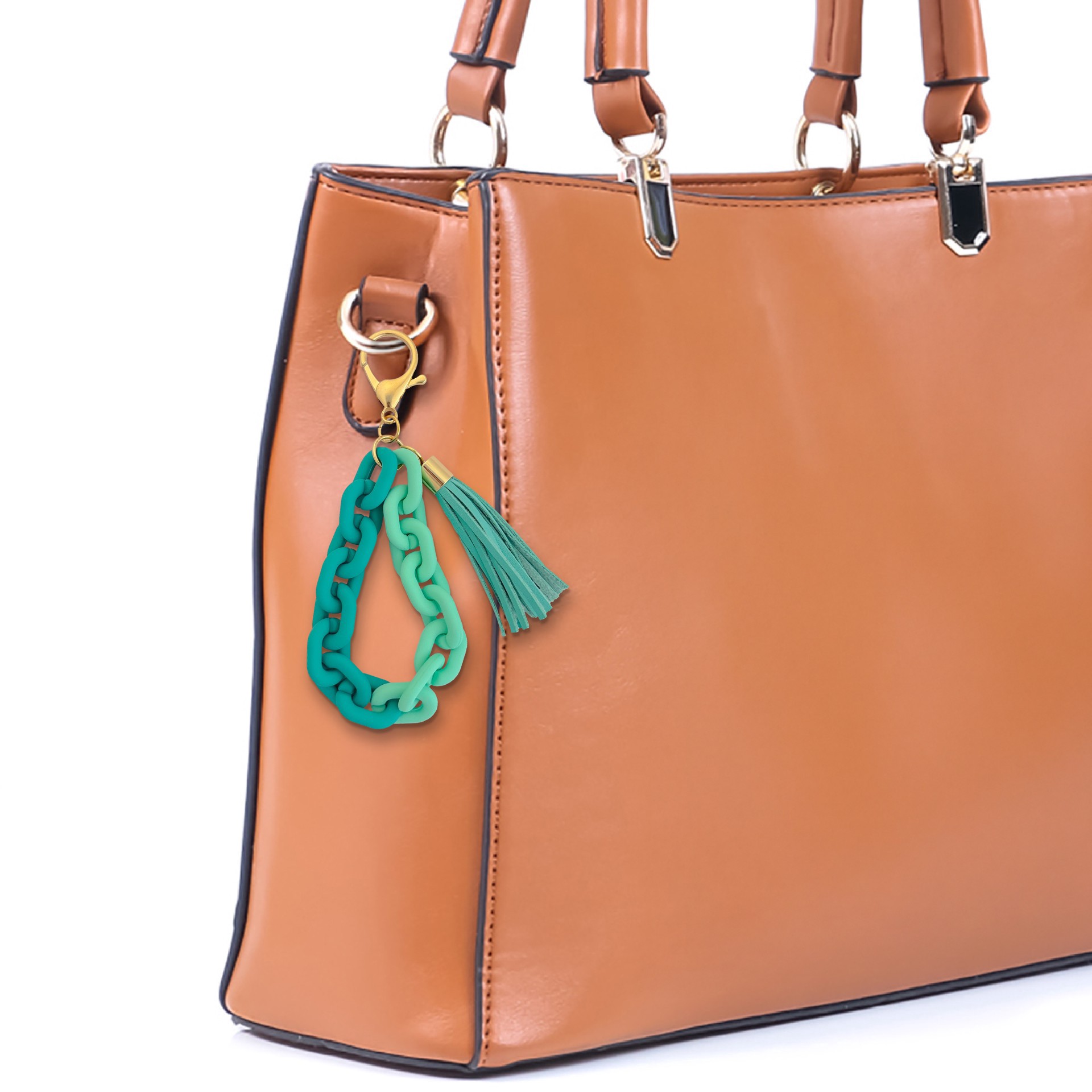 slide 3 of 3, Blue Moon Studio Teal Chain Link Bag Charm With Tassel, 8.2 in