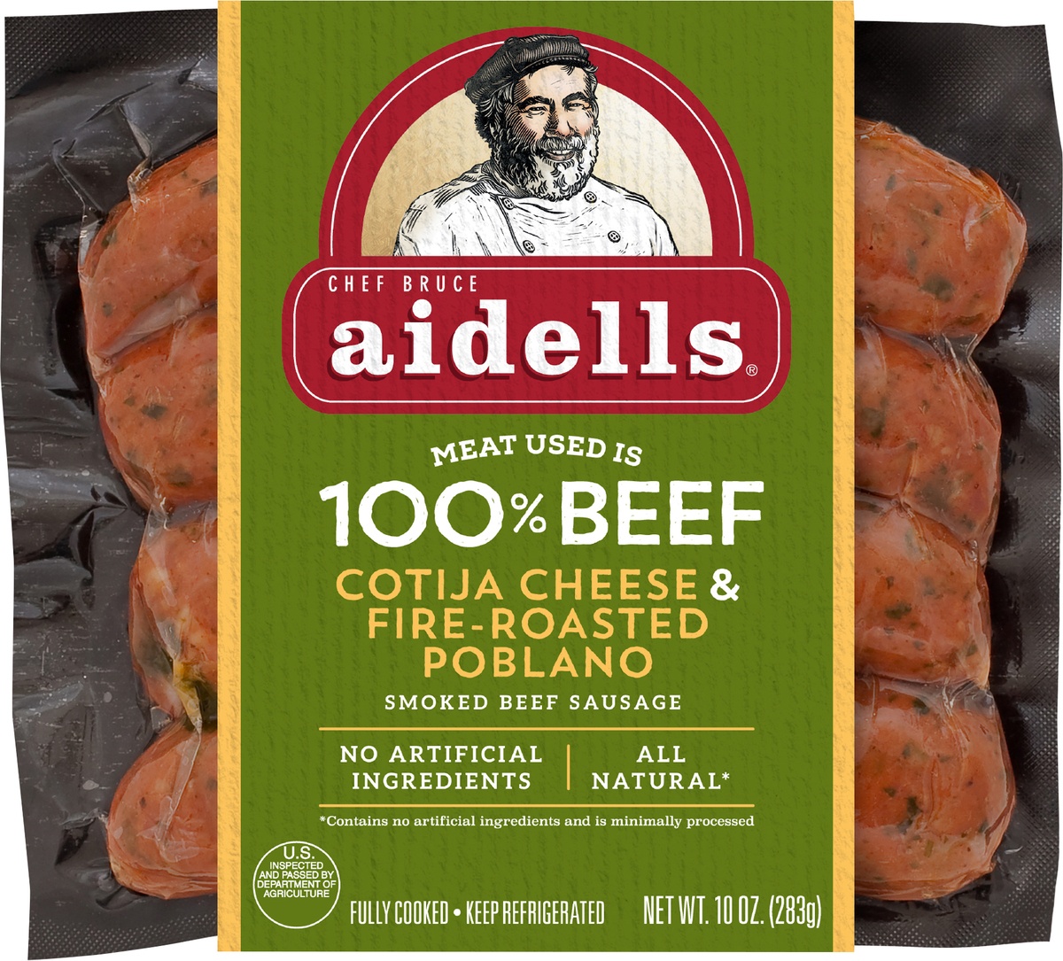 slide 4 of 5, Aidells Cojita Cheese & Fire-Roasted Poblano Smoked Beef Sausage, 10 oz