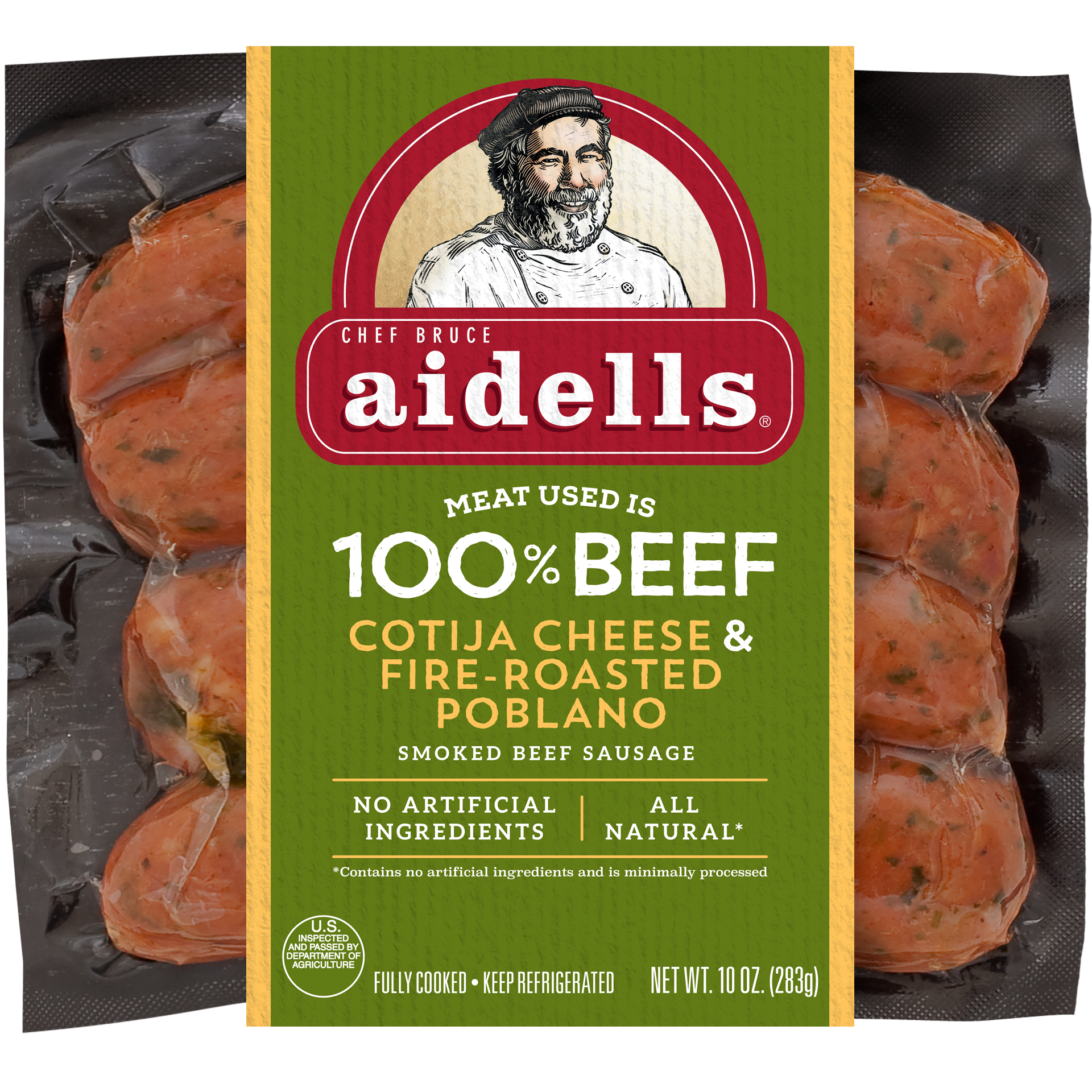 slide 1 of 1, Aidells Poblano 100% Beef Sausage Cotija Cheese, 10 oz