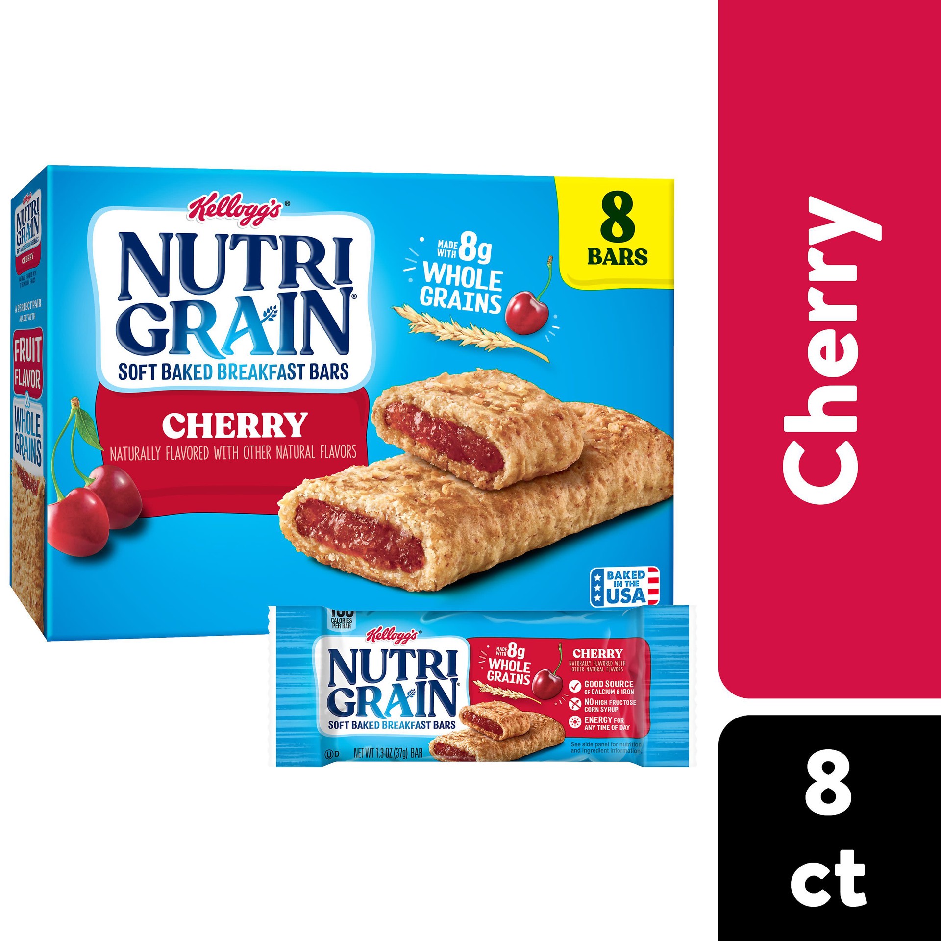 slide 1 of 5, Nutri-Grain Soft Baked Breakfast Bars, Kids Snacks, Whole Grain, Cherry, 10.4oz Box, 8 Bars, 10.4 oz