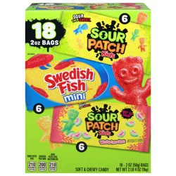 Sour Patch/Swedish Fish Red SOUR PATCH KIDS and SWEDISH FISH Mini Soft & Chewy Candy Variety Pack, Bulk Candy, 18 - 2 oz Bags