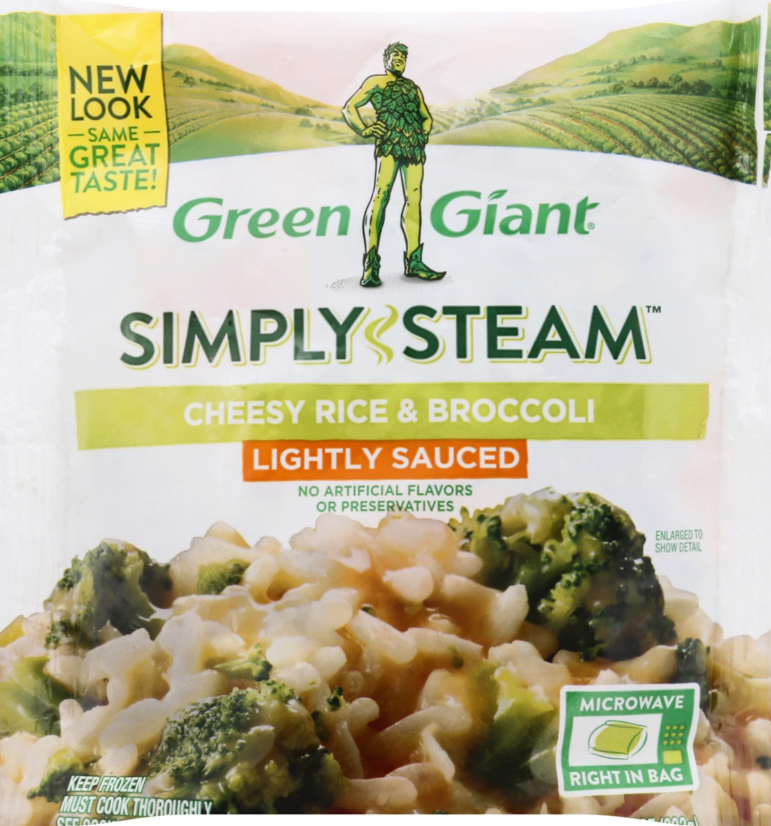 slide 1 of 1, Green Giant Simply Steam Lightly Sauced Cheesy Rice & Broccoli 10 oz, 10 oz