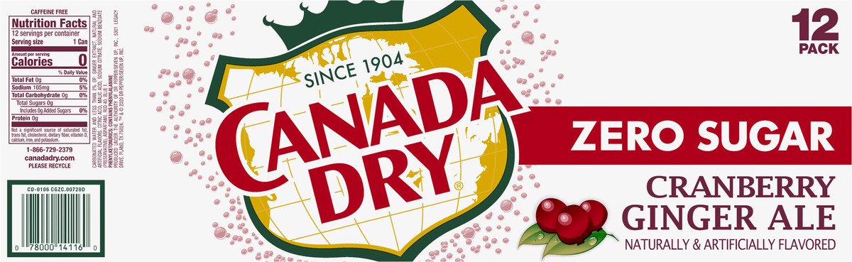 slide 8 of 9, Canada Dry Soda Zero Sugar Cranberry Ginger Ale In Cans- 144 fl oz, 12 ct; 12 fl oz