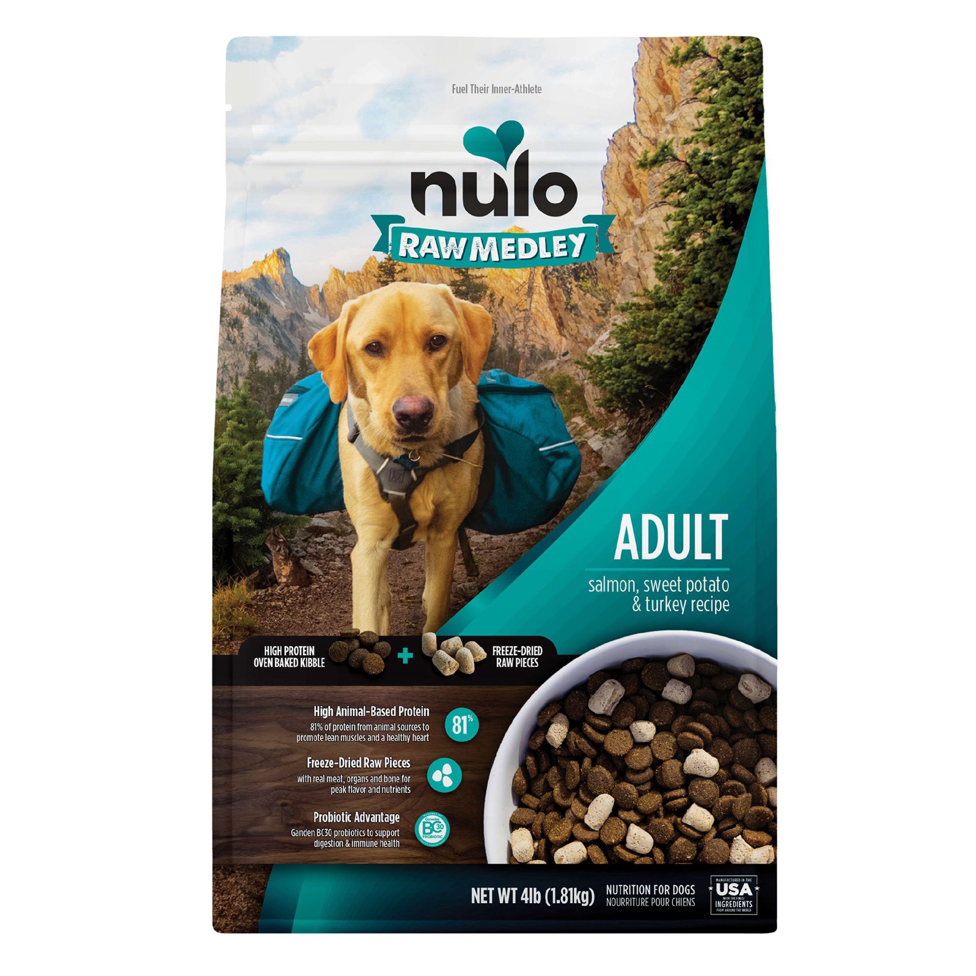 slide 1 of 1, Nulo Raw Medley Adult Dog Food - Kibble Plus Freeze Dried Pieces, Salmon, Sweet Potato & Turkey, 4 lb