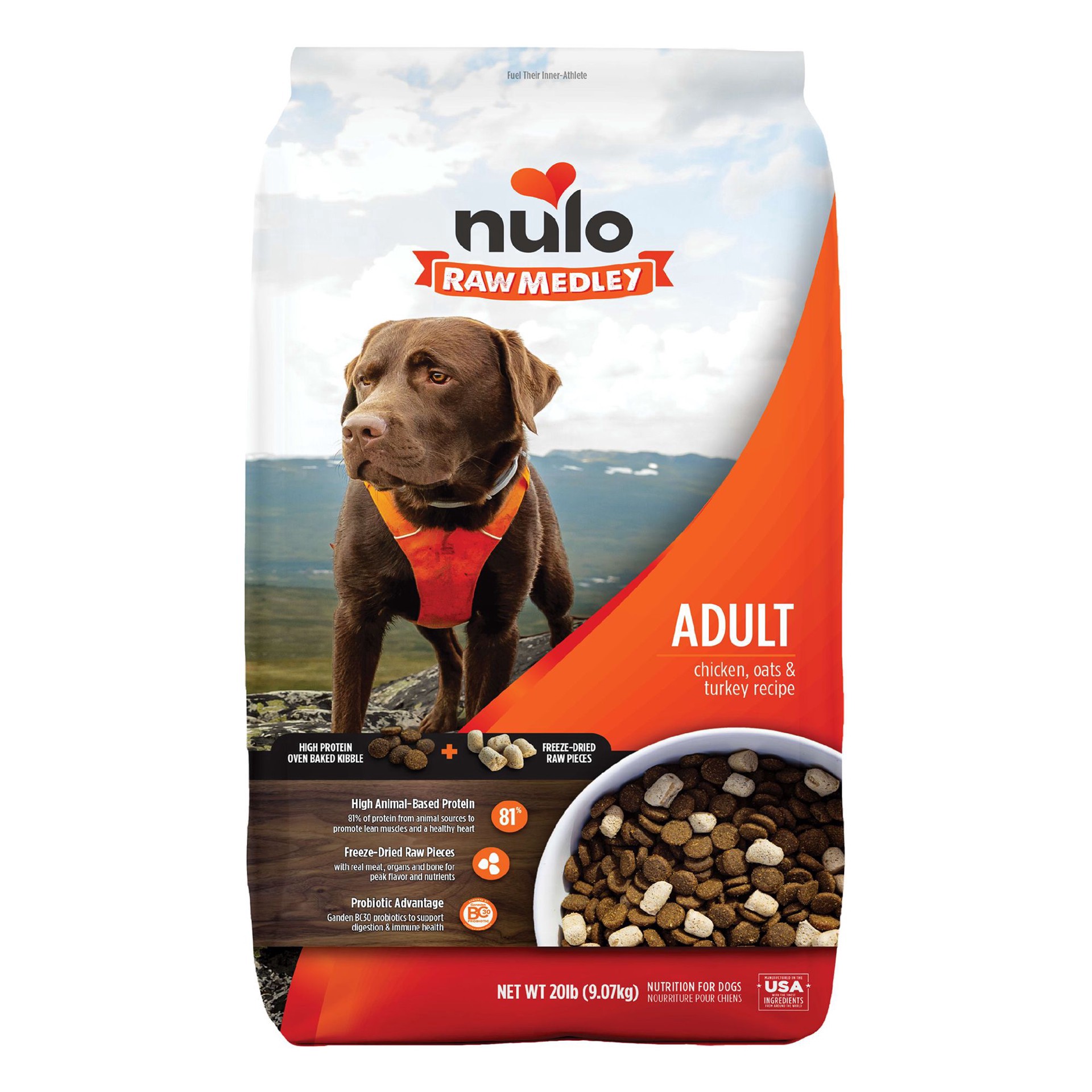 slide 1 of 1, Nulo Raw Medley Adult Dog Food - Kibble Plus Freeze Dried Pieces, Chicken, Oats & Turkey, 20 lb