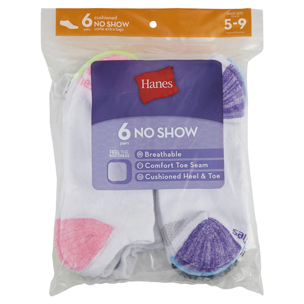 slide 1 of 1, Hanes Womans No Show Socks - Size 5-9, 6 ct