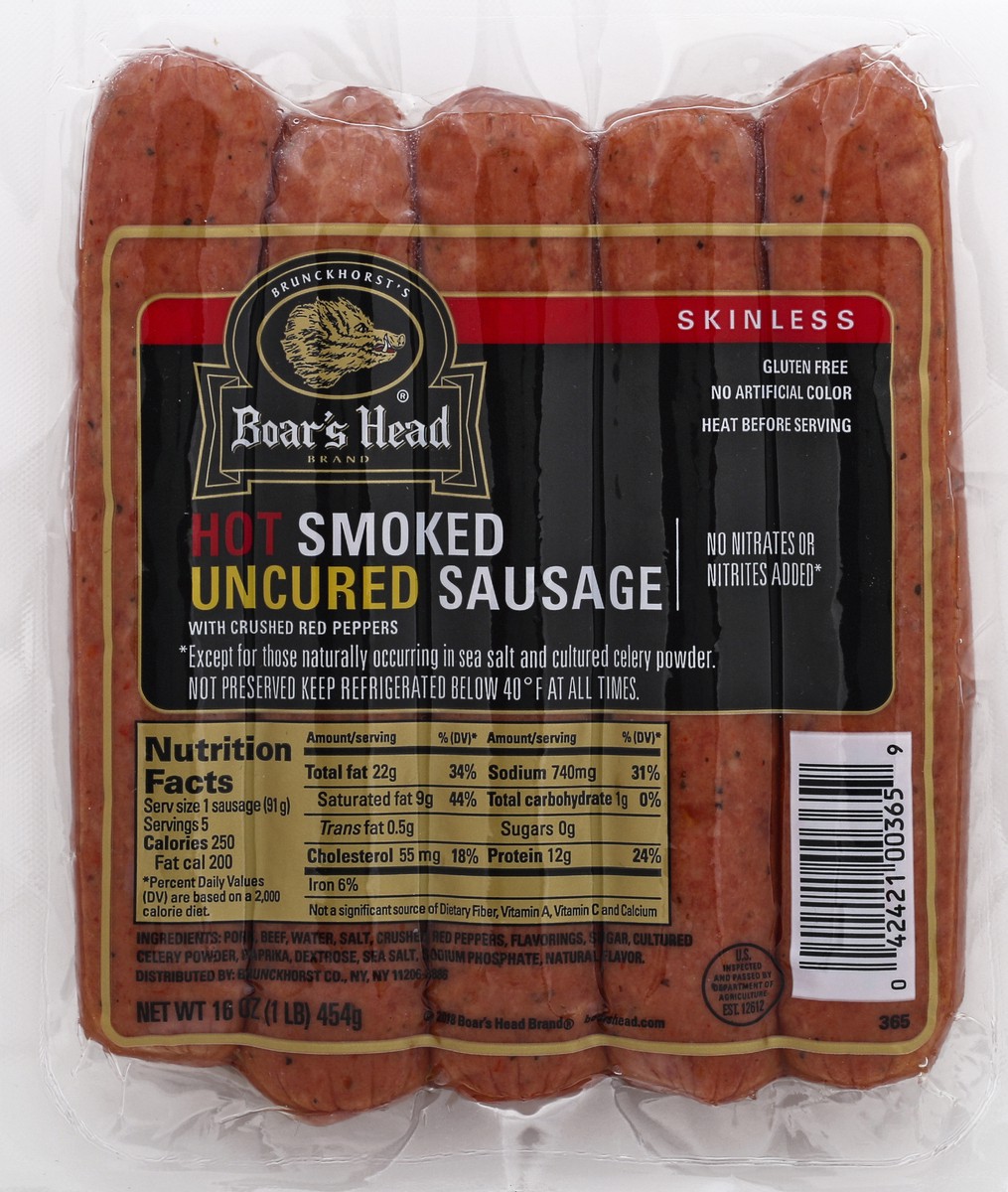 slide 5 of 6, Boar's Head Hot Smoked Uncured Sausage, 16 oz