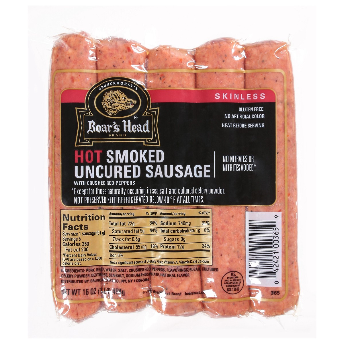 slide 1 of 6, Boar's Head Hot Smoked Uncured Sausage, 16 oz