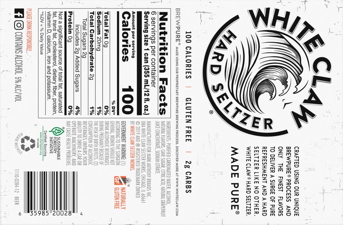 slide 3 of 7, White Claw 6 Pack Spiked Ruby Grapefruit Hard Seltzer 6 ea, 6 ct; 12 oz