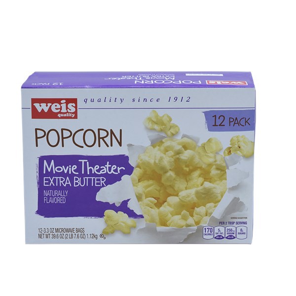 slide 1 of 1, Weis Quality Movie Theater Extra Butter Microwave Popcorn, 39.6 oz