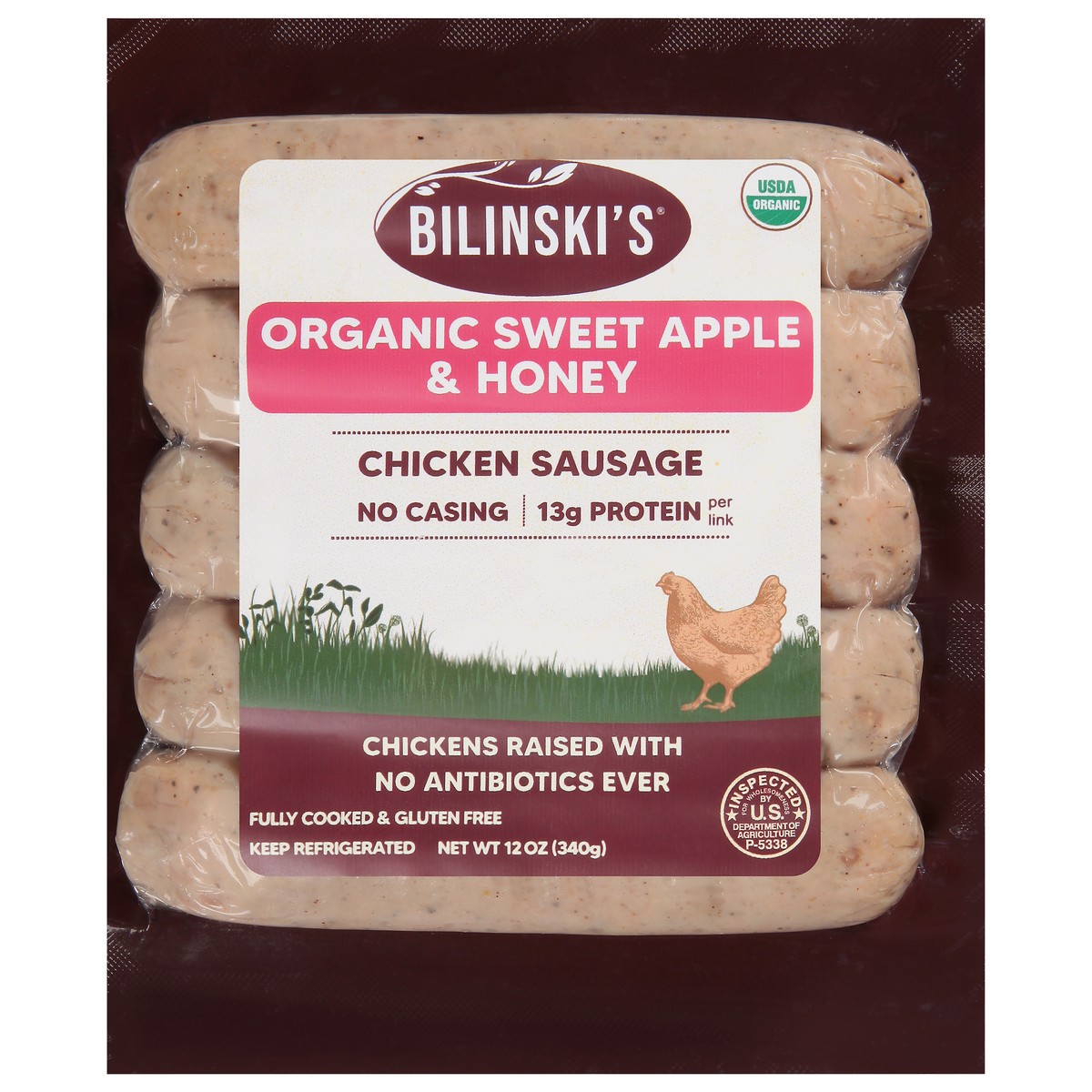 slide 1 of 9, Bilinski's Organic Sweet Apple & Honey Chicken Sausage 12 oz, 12 oz