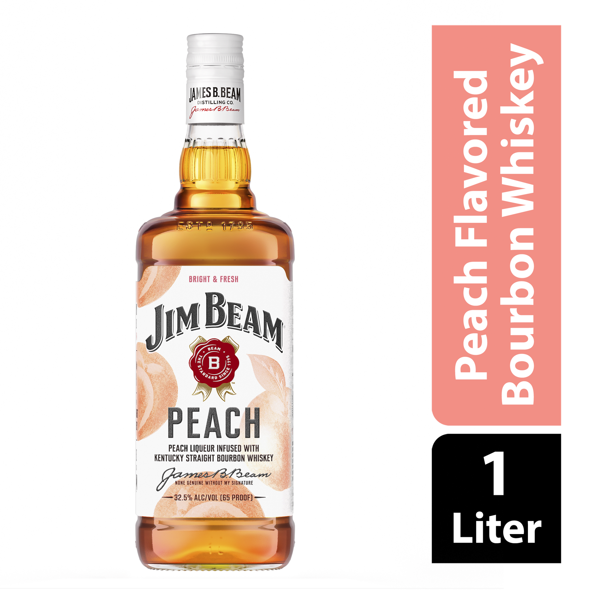 slide 1 of 4, Jim Beam Peach Liqueur with Kentucky Straight Bourbon Whiskey 1 L, 1 liter