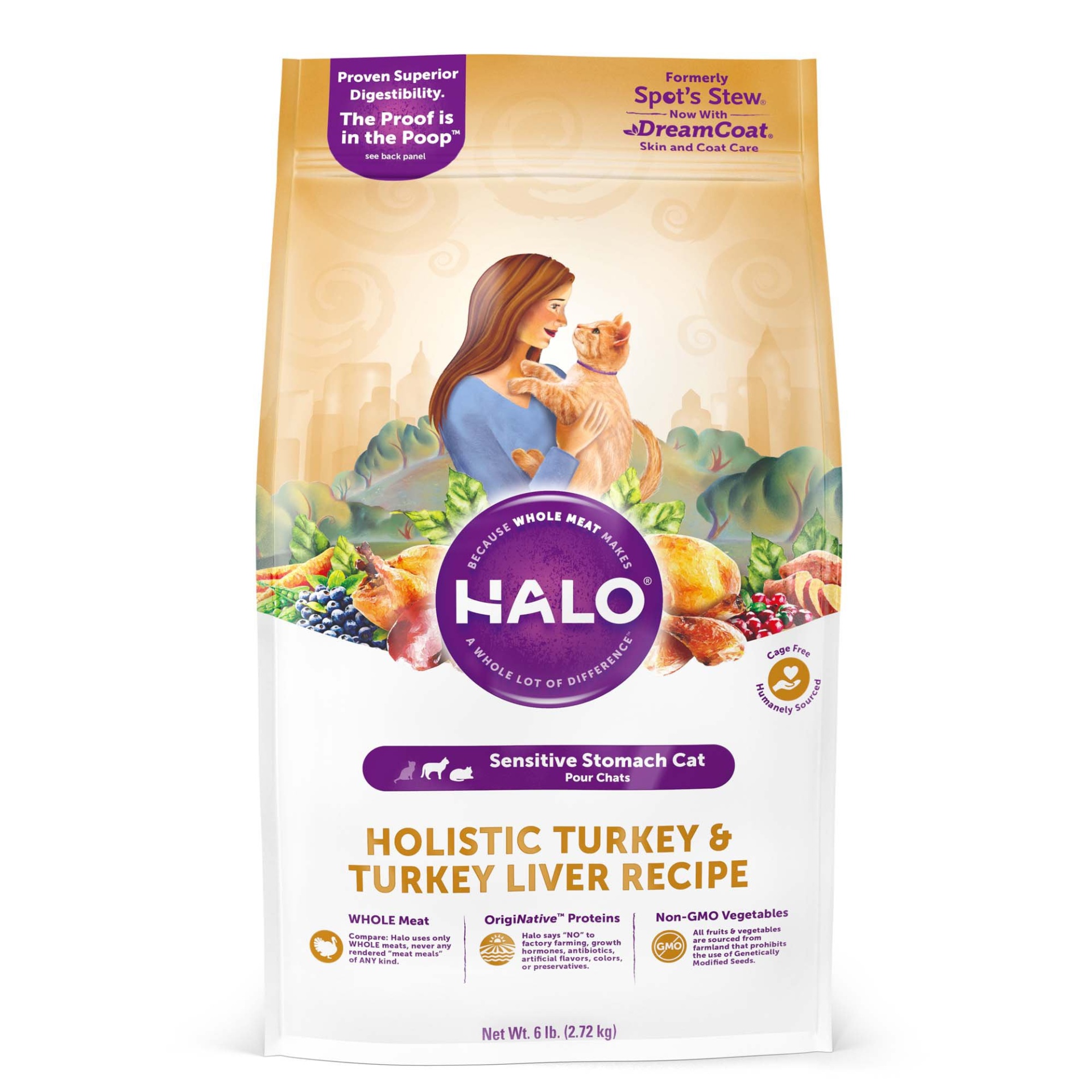 slide 1 of 1, Halo Sensitive Stomach Holistic Turkey & Turkey Liver Dry Cat Food, 6 lb