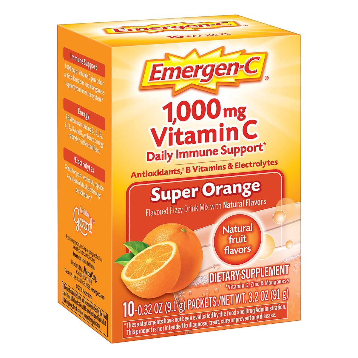 slide 2 of 8, Emergen-C Vitamin C 1000mg Powder (10 Count, Super Orange Flavor), With Antioxidants, B Vitamins and Electrolytes, Dietary Supplement Fizzy Drink Mix, Caffeine Free, 10 ct; 0.32 oz