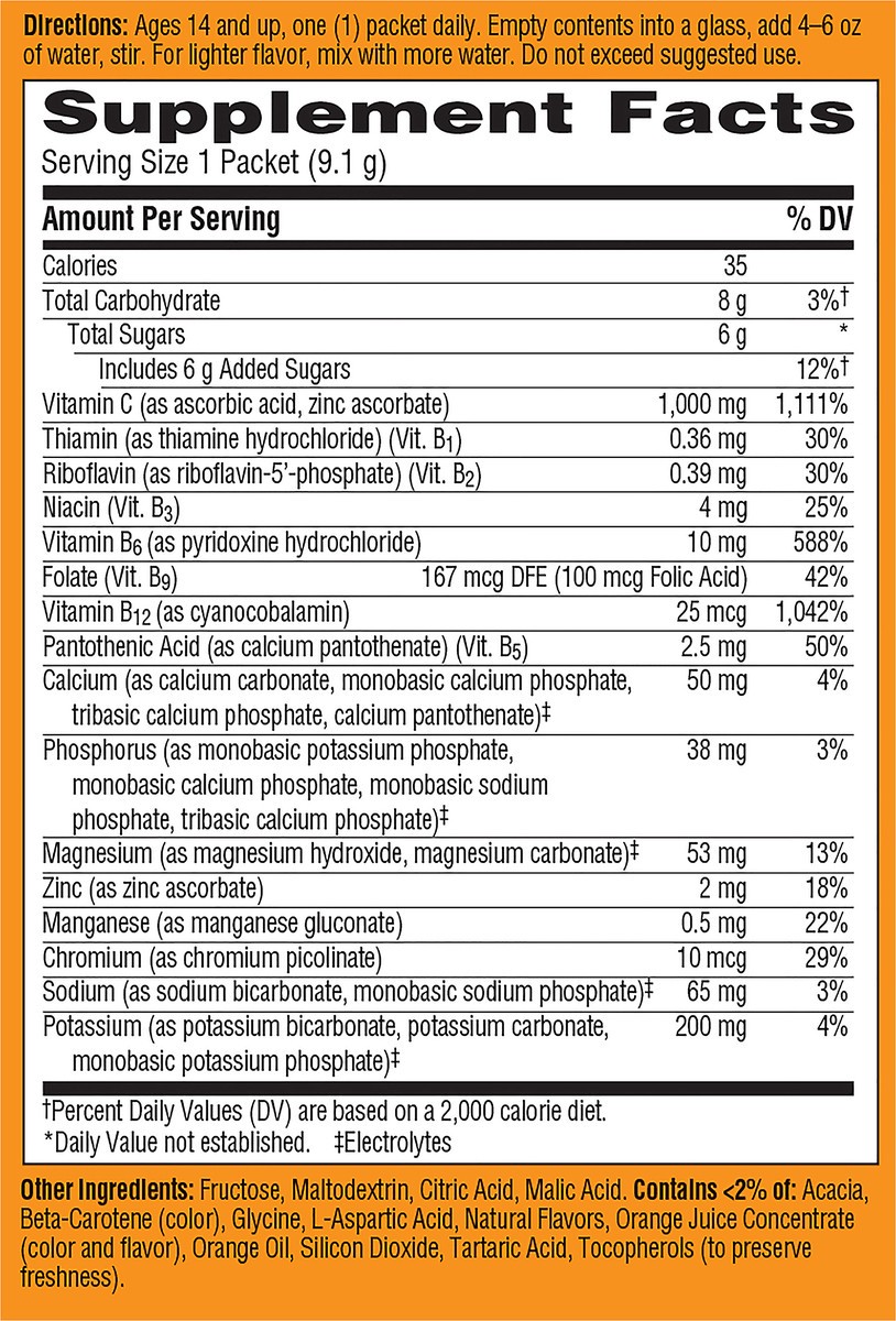 slide 4 of 8, Emergen-C Vitamin C 1000mg Powder (10 Count, Super Orange Flavor), With Antioxidants, B Vitamins and Electrolytes, Dietary Supplement Fizzy Drink Mix, Caffeine Free, 10 ct; 0.32 oz
