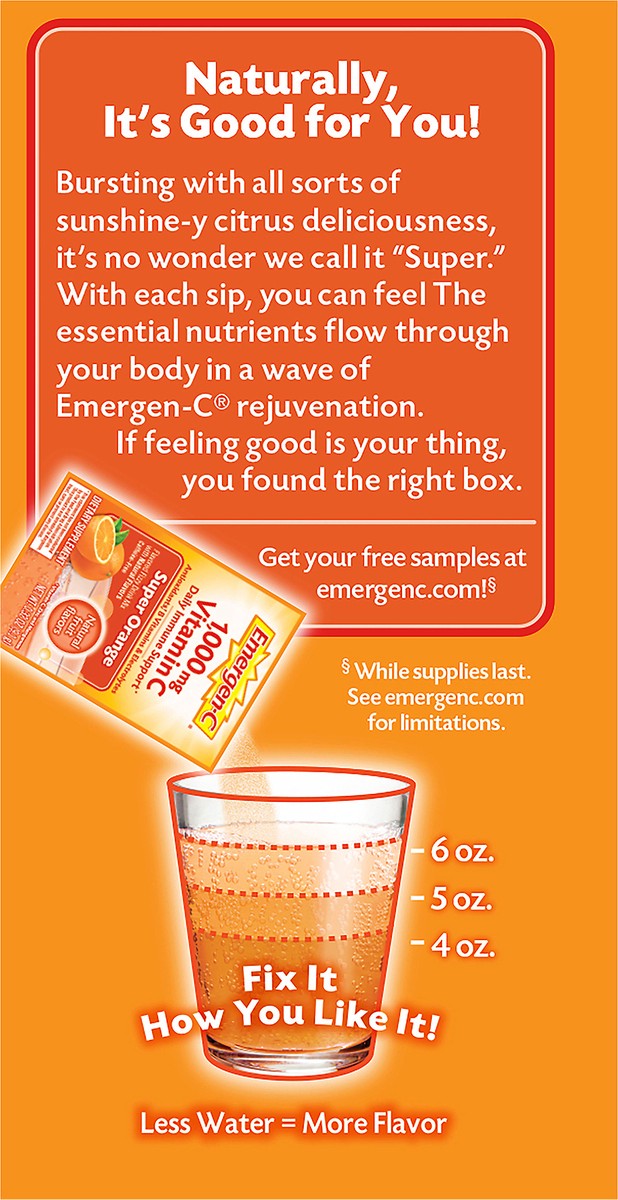 slide 7 of 8, Emergen-C Vitamin C 1000mg Powder (10 Count, Super Orange Flavor), With Antioxidants, B Vitamins and Electrolytes, Dietary Supplement Fizzy Drink Mix, Caffeine Free, 10 ct; 0.32 oz