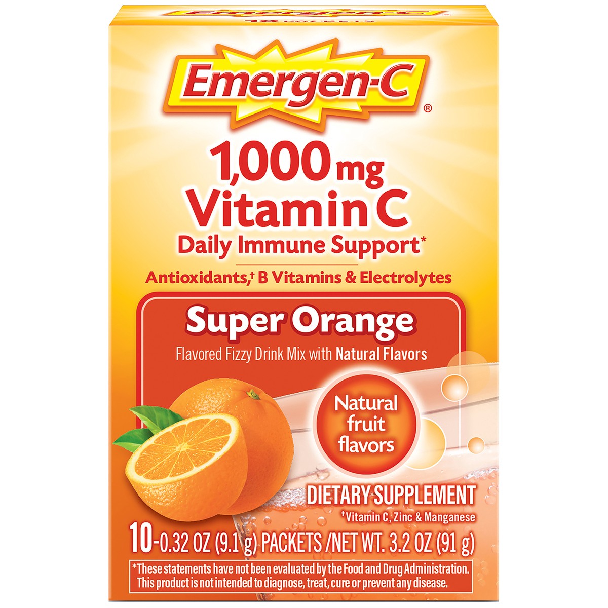 slide 1 of 8, Emergen-C Vitamin C 1000mg Powder (10 Count, Super Orange Flavor), With Antioxidants, B Vitamins and Electrolytes, Dietary Supplement Fizzy Drink Mix, Caffeine Free, 10 ct; 0.32 oz