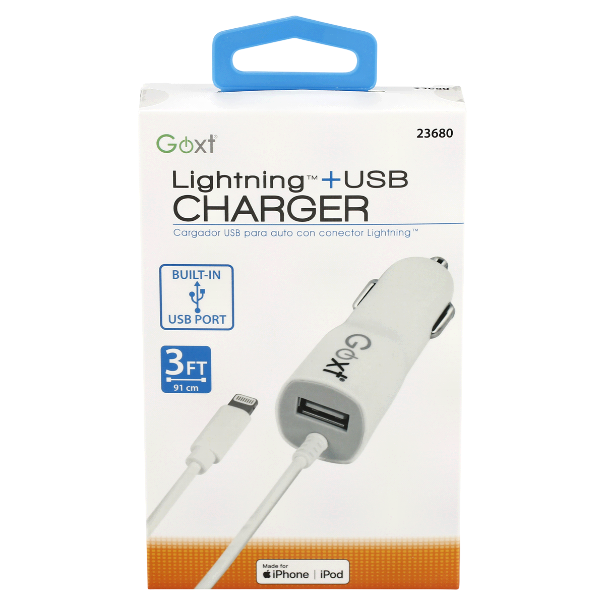 slide 1 of 1, Goxt White USB Car Charger w/Lightning Connector, 1 ct