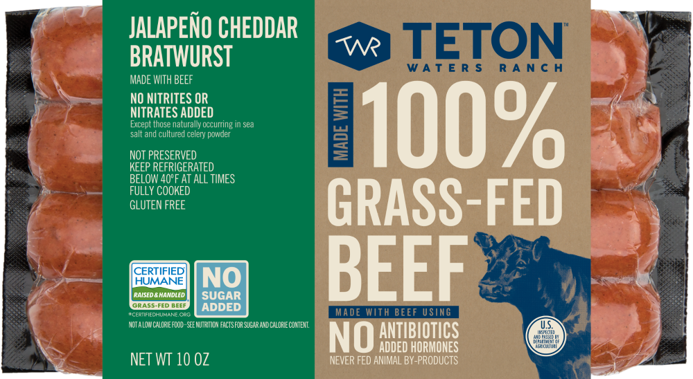 slide 2 of 2, Teton 100% Grass-Fed Beef Jalpeno Cheddar Bratwurst, 10 oz