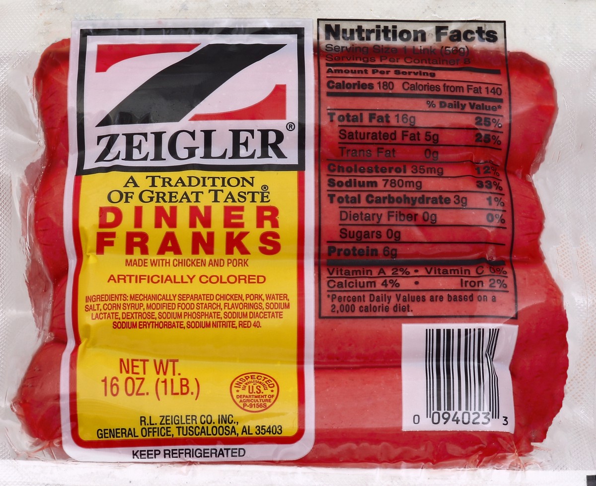 slide 5 of 5, Zeigler's Dinner Franks, 16 oz