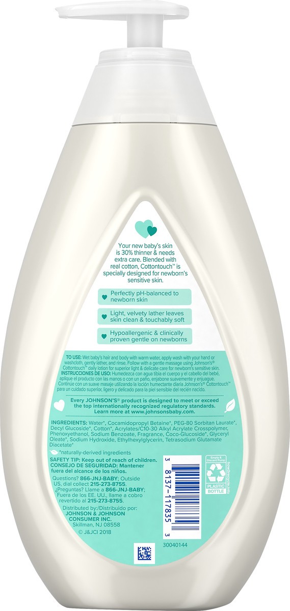 slide 4 of 7, Johnson's CottonTouch Newborn Baby Wash & Shampoo with No More Tears, Sulfate-, Paraben- Free for Sensitive Skin, Made with Real Cotton, Gently Washes Away Dirt & Germs, 27.1 fl. oz, 27.10 fl oz