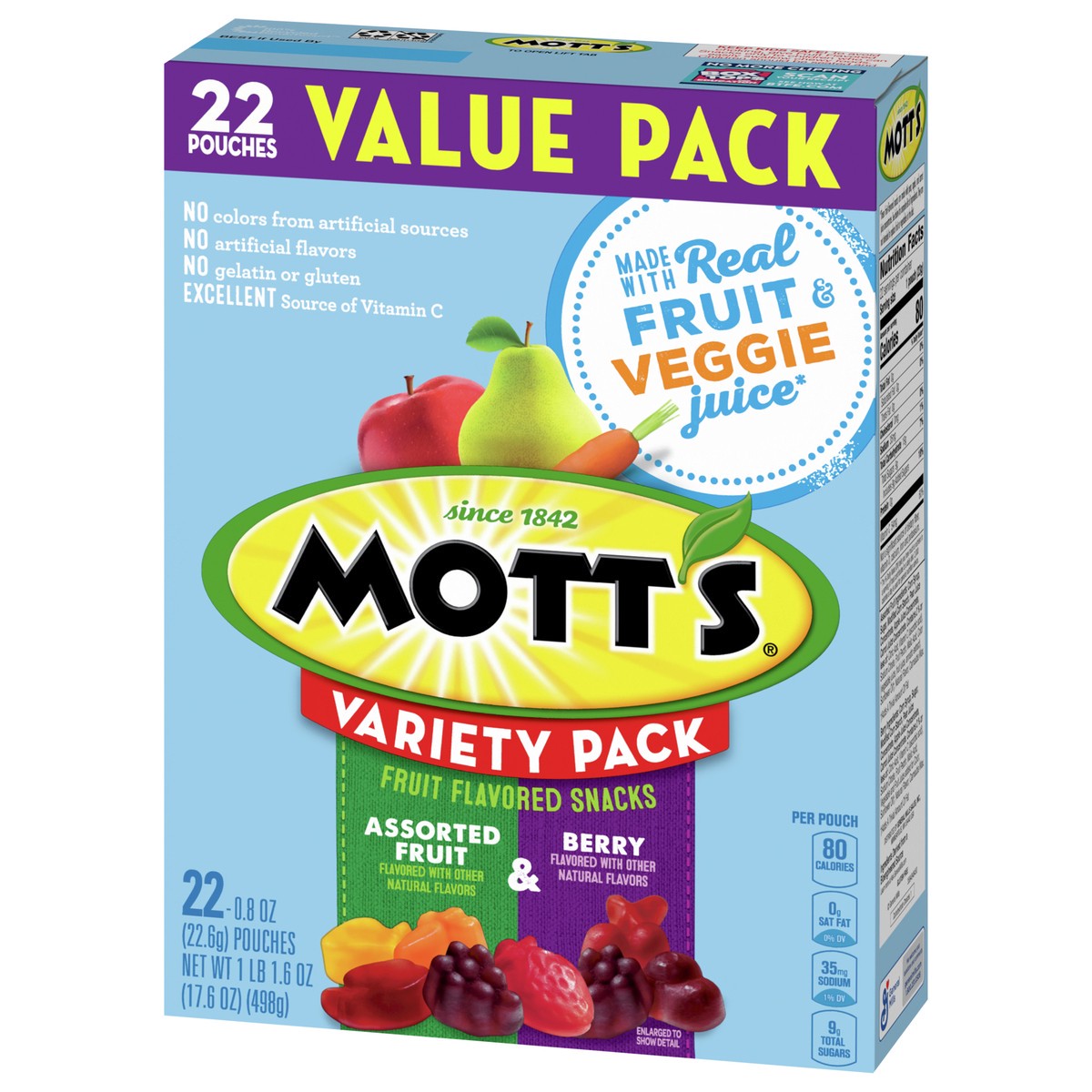 slide 5 of 9, Mott's Fruit Flavored Snacks, Berry and Assorted Fruit, Gluten Free Snack, Value Pack, 22 Ct, 17.6 oz, 22 ct