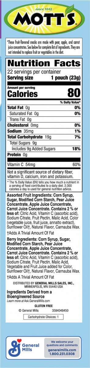 slide 2 of 9, Mott's Fruit Flavored Snacks, Berry and Assorted Fruit, Gluten Free Snack, Value Pack, 22 Ct, 17.6 oz, 22 ct