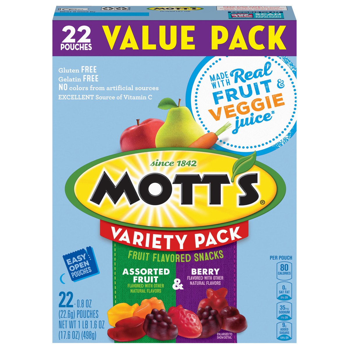 slide 1 of 9, Mott's Fruit Flavored Snacks, Berry and Assorted Fruit, Gluten Free Snack, Value Pack, 22 Ct, 17.6 oz, 22 ct