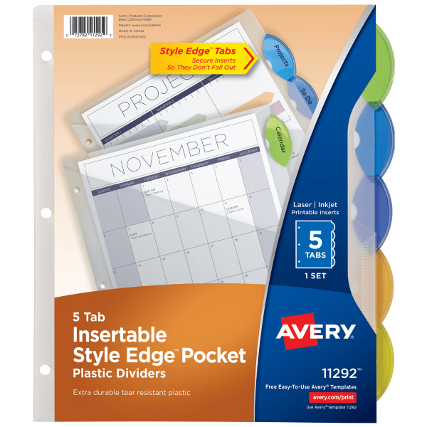 slide 1 of 9, Avery Style Edge Insertable Dividers With Pockets, Multicolor, Pack Of 5, 5 ct