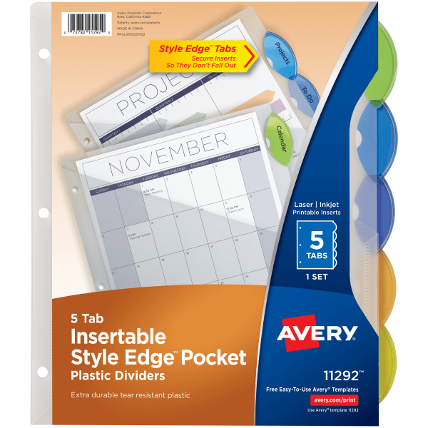 slide 1 of 4, Avery Style Edge Insertable Dividers With Pockets, Multicolor, Pack Of 5, 5 ct