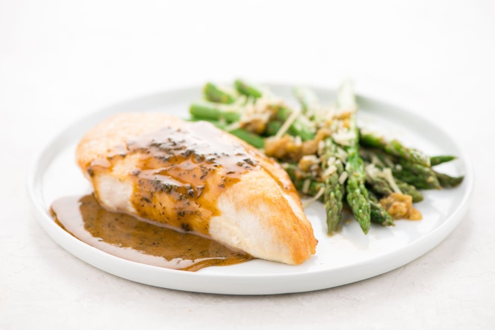 slide 1 of 1, Home Chef Meal Kit Chicken Breast With Garlic Demi-Glace And Parmesan Asparagus Stovetop Cooking, 30 oz