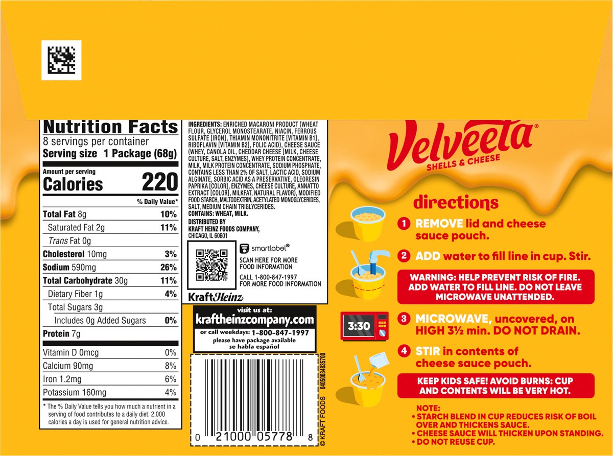 slide 8 of 9, Velveeta Shells & Cheese Original Microwaveable Shell Pasta & Cheese Sauce, 8 ct Box, 2.39 oz Cups, 8 ct