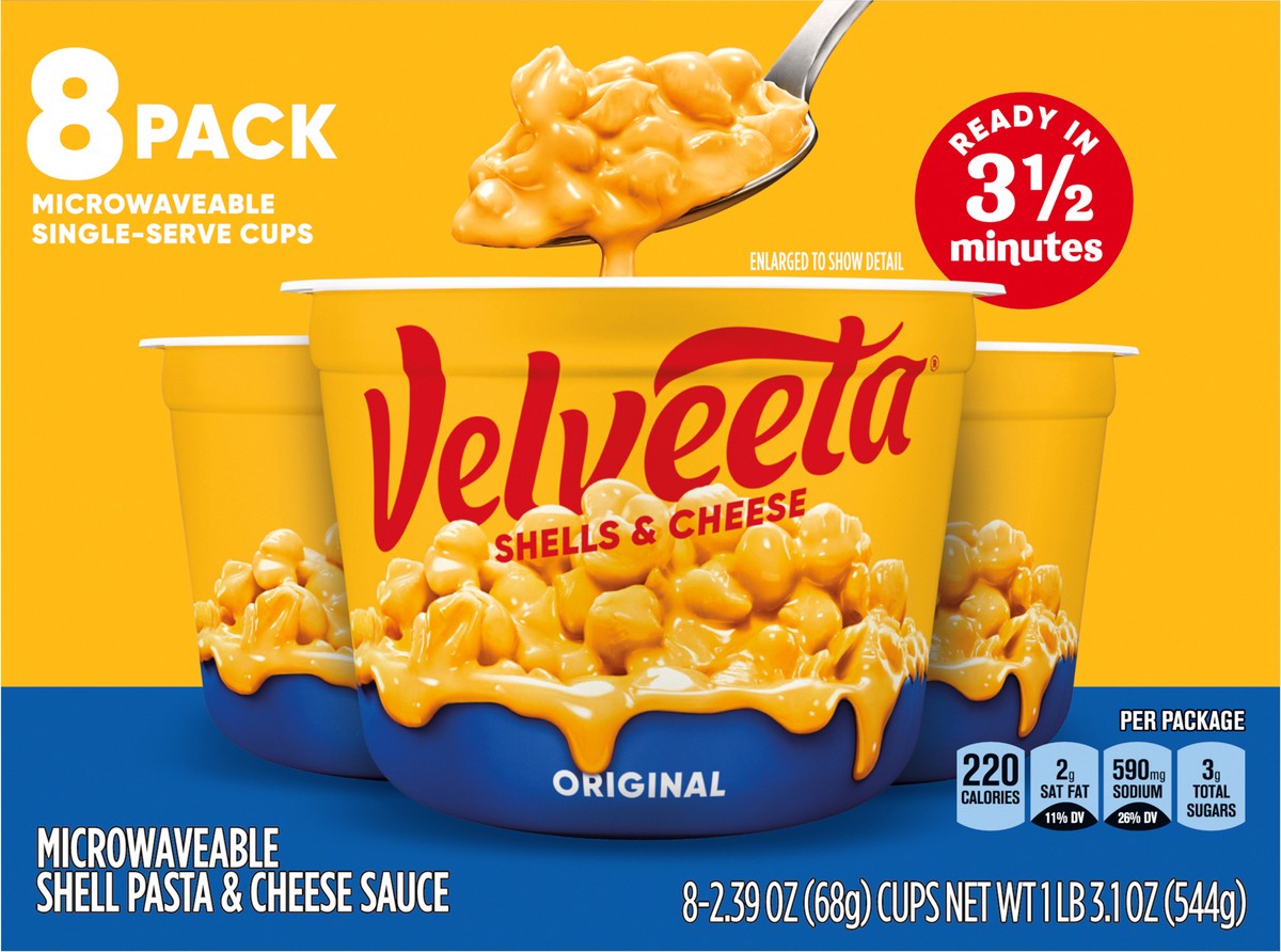 slide 2 of 9, Velveeta Shells & Cheese Original Microwaveable Shell Pasta & Cheese Sauce, 8 ct Box, 2.39 oz Cups, 8 ct