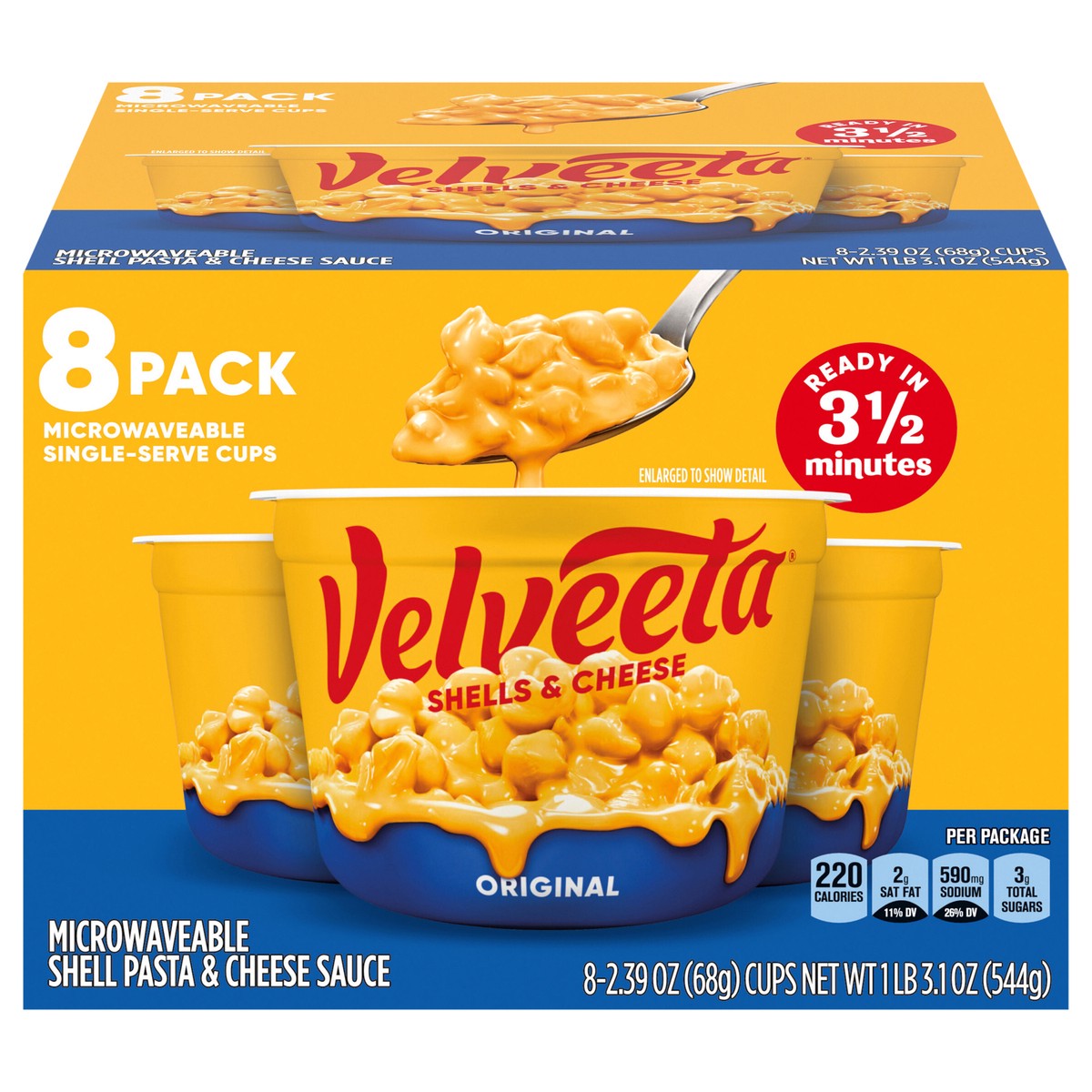 slide 1 of 9, Velveeta Shells & Cheese Original Microwaveable Shell Pasta & Cheese Sauce, 8 ct Box, 2.39 oz Cups, 8 ct