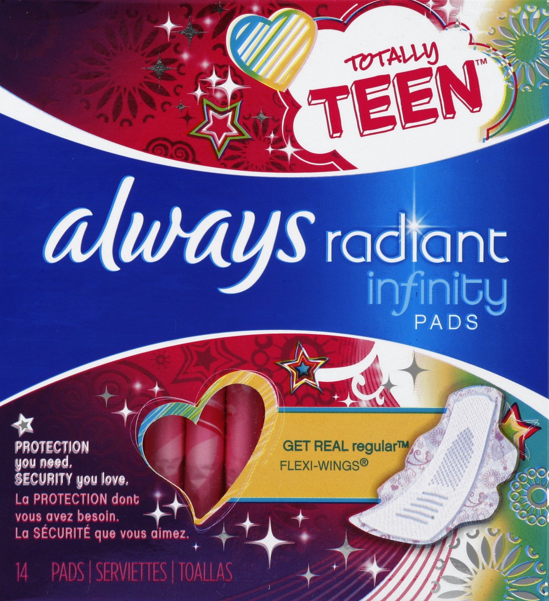 slide 1 of 7, Always Radiant Teen Get Real Regular Flexi-wings Pads With Flex Foam, 14 ct