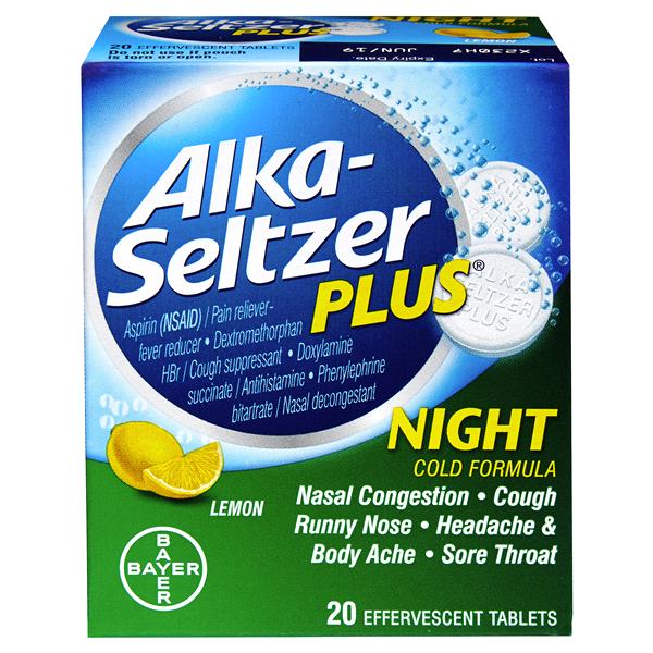 slide 1 of 1, Alka-Seltzer Night-Time Cold, Soothing Lemon, Effervescent Tablets, 20 ct