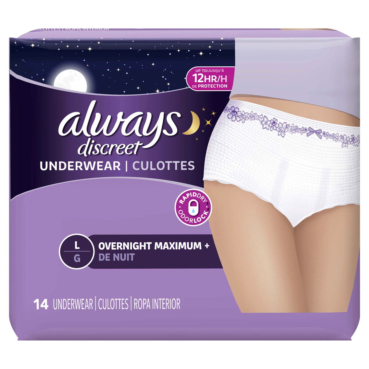 slide 1 of 4, Always Discreet, Incontinence Underwear For Women, Overnight Maximum +, Large, 14 ct