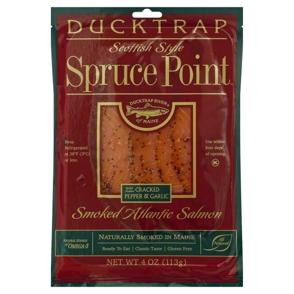 slide 1 of 1, Ducktrap River of Maine Spruce Point Smoked Atlantic Salmon with Added Cracked Pepper & Garlic, 4 oz