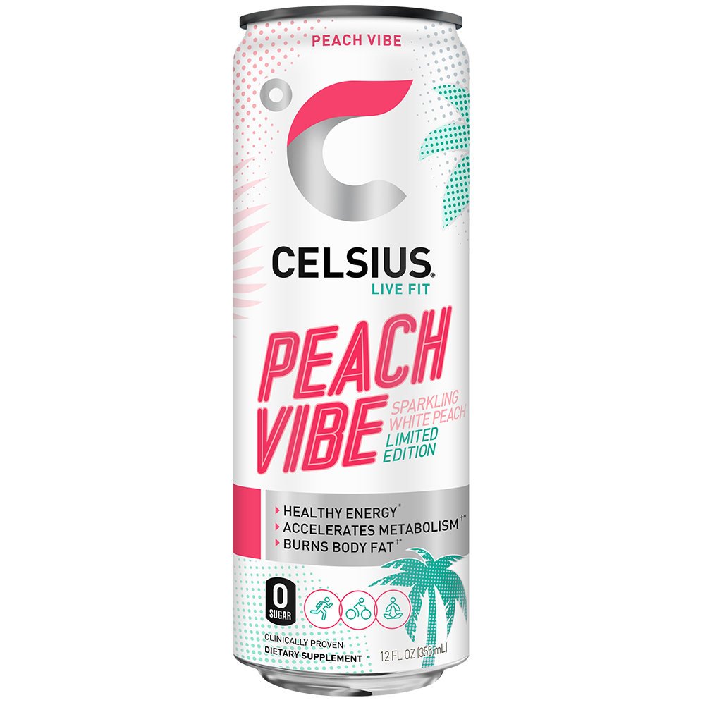 slide 1 of 1, CELSIUS Limited Edition Sparkling Peach Vibe Dietary Supplement Sports Drink, 12 fl oz