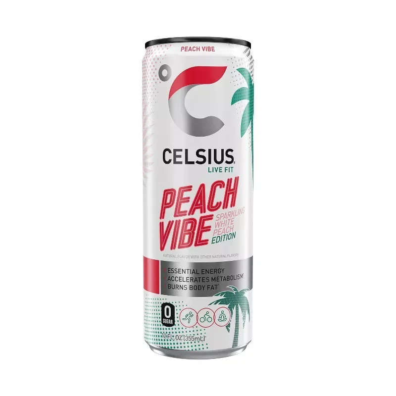slide 1 of 5, CELSIUS Sparkling Peach Vibe Functional Energy Drink - 12 fl oz Single Can, 12 fl oz