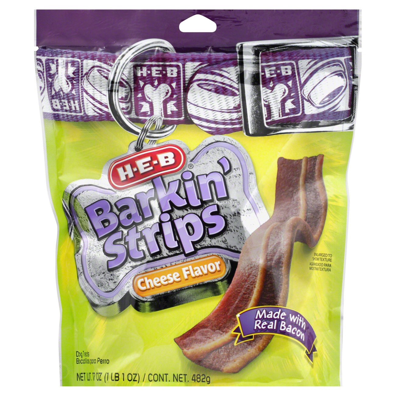 slide 1 of 1, H-E-B Barkin Bacon Strips Cheese Flavor Dog Treats, 17 oz