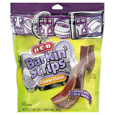 slide 1 of 1, H-E-B Barkin Bacon Strips Cheese Flavor Dog Treats, 17 oz