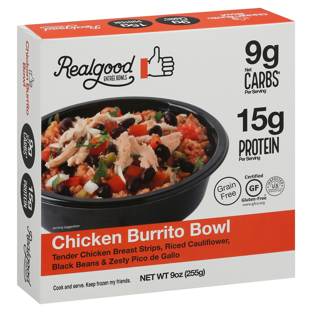 slide 2 of 9, Realgood The Real Good Food Company Chicken Burrito Bowl Frozen Meal, 9 oz