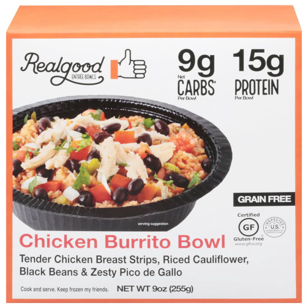 slide 1 of 9, Realgood The Real Good Food Company Chicken Burrito Bowl Frozen Meal, 9 oz