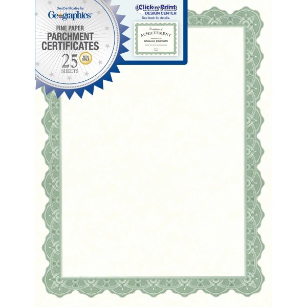 slide 1 of 2, Geographics 30% Recycled Blank Parchment Certificates, Optima Green, 25 ct; 8 1/2 in x 11 in