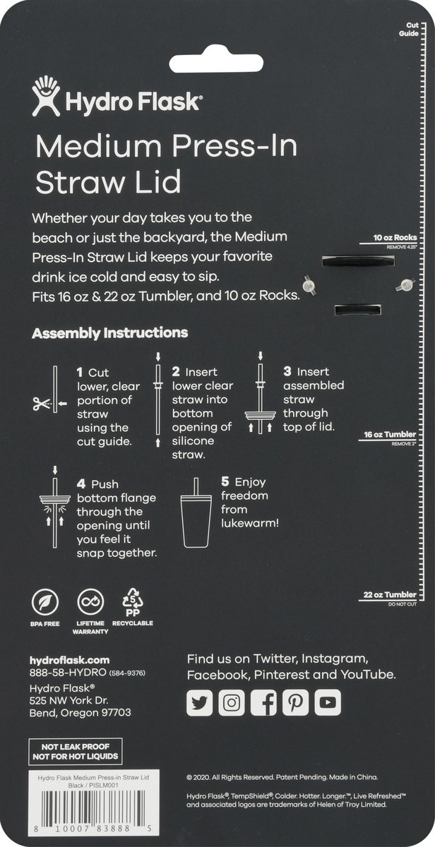 slide 4 of 9, Hydro Flask Medium Press-In Straw Lid Black, 1 ct