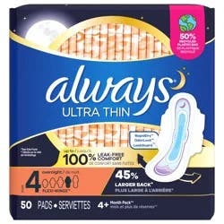 Always Ultra Thin Overnight Pads with Flexi-Wings, Size 4, Overnight, Unscented, 50 Count